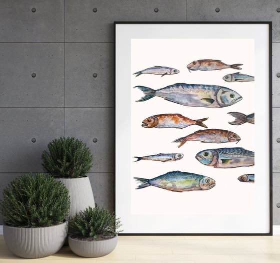 Set of fish - original seafood watercolor paintink and ink graphic