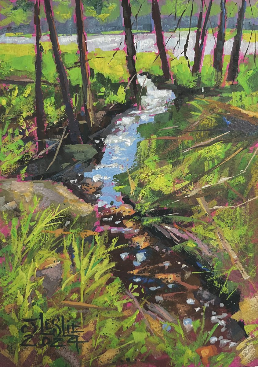 Impressionistic Landscape Painting By Jimmy Leslie, 5 X 7, Huggy Bear Creek, Original Artwork