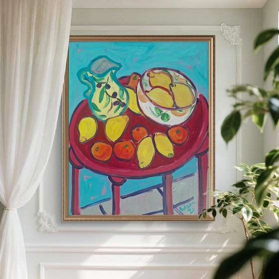 Still Life with Citrus and Red Table II