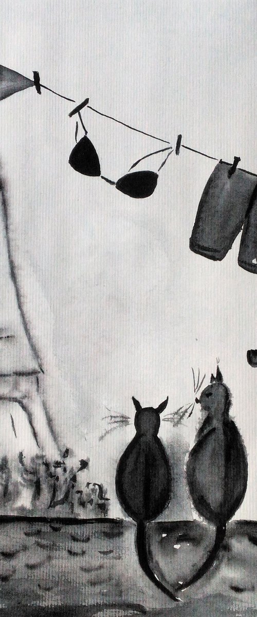 cats on the roof original watercolor painting " Life of the Paris roofs" by Halyna Kirichenko