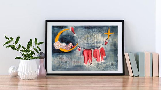 Santa Claus Painting Christmas Original Art Sleeping Santa Small Watercolor Moon Artwork Home Wall Art 14 by 10" by Halyna Kirichenko