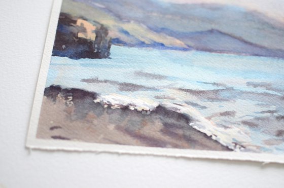 Crete sea and mountains, blue and purple watercolor