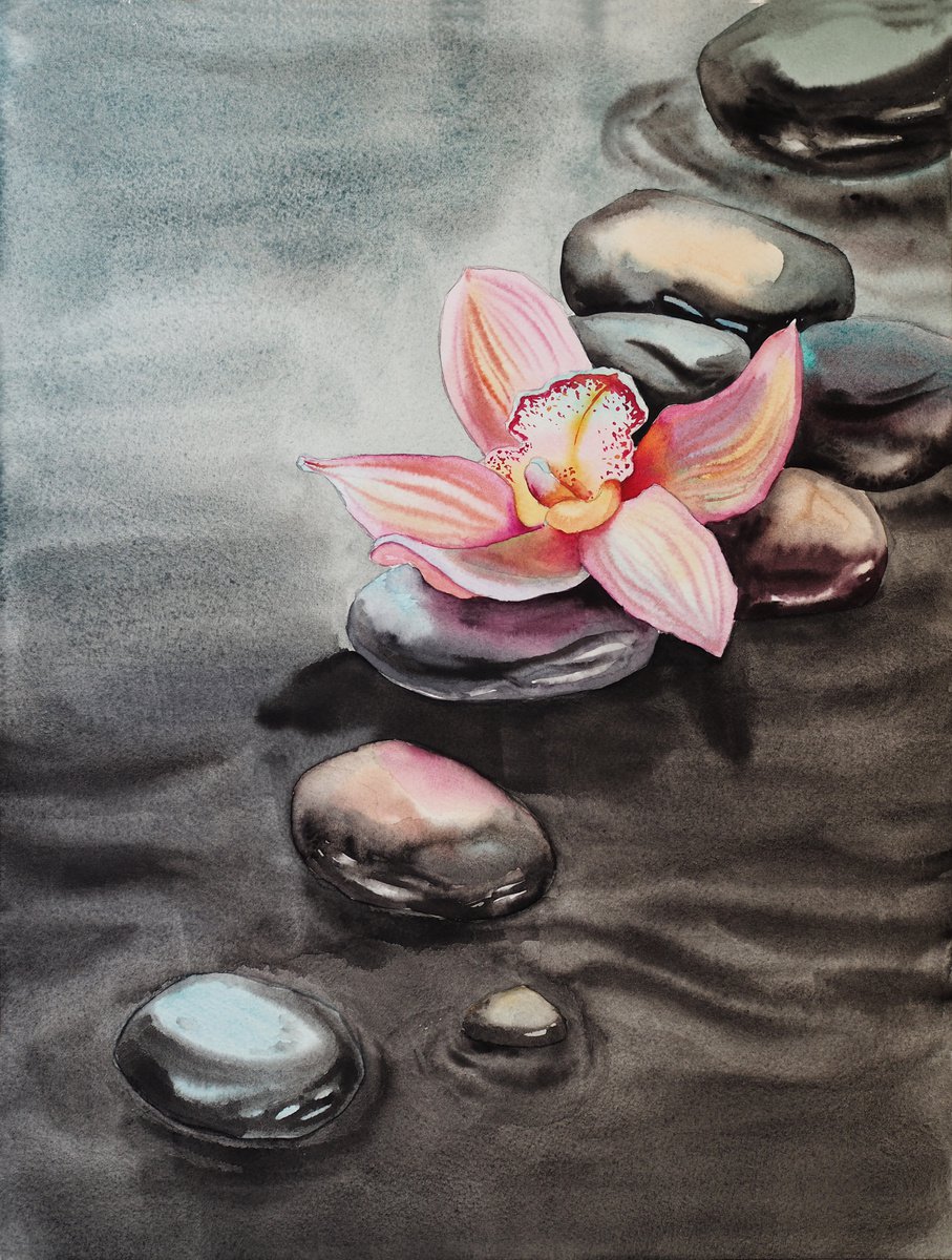 Impressionistic Botanical Watercolour By Delnara El, 12 X 16, Zen Spa, Orchid And Seastones, Original Artwork