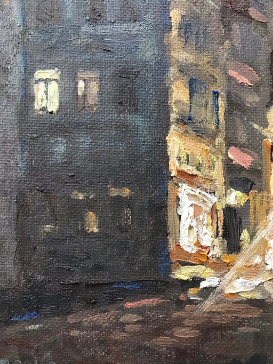 Original Oil Painting Wall Art Signed unframed Hand Made Jixiang Dong Canvas 25cm × 20cm Cityscape One Night in Tübingen Small Impressionism Impasto