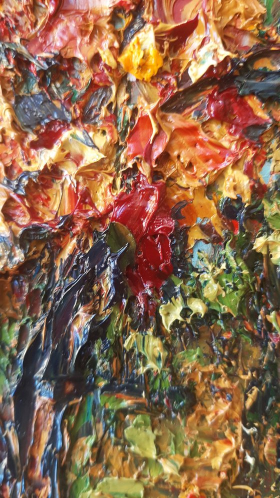 Autumn Woods - semi abstract impasto treescape