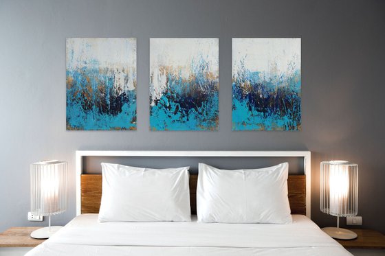 Blue and Gold Textured Painting with Structures. Triptych