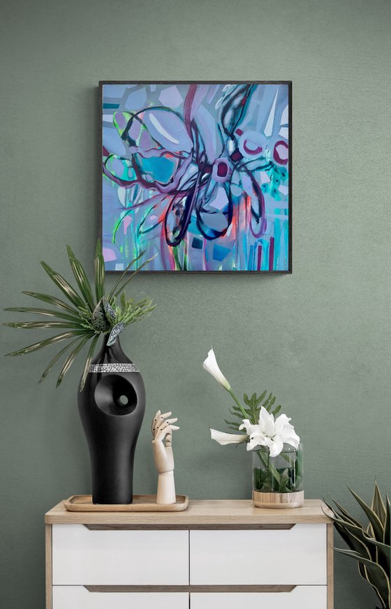 EARY DAYS- a square 50 x 50 cm acrylic painting, very peri, blue, abstract flower