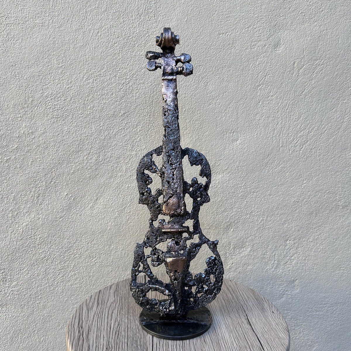 Still Life Sculpture By Philippe Buil, 5 X 16", Violin Forgotten By The Gods 71-23, Original Artwork