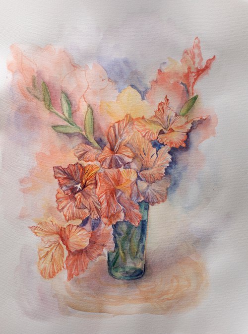 Watercolor peachy gladioluses by Liliya Rodnikova
