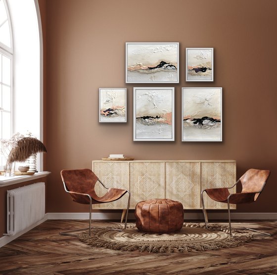 Poetic Landscape II- Peach , White, Black - Composition 5 paintings framed - Wall Art Ready to hang