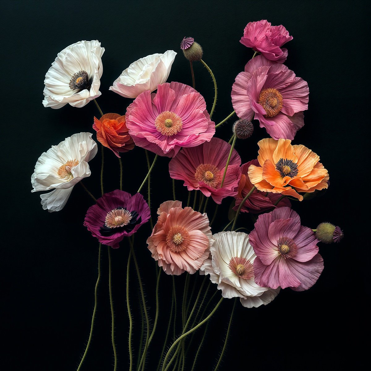 Photorealistic Botanical Photograph By Michael Filonow, 32 X 32", Poppies 10, Original Artwork