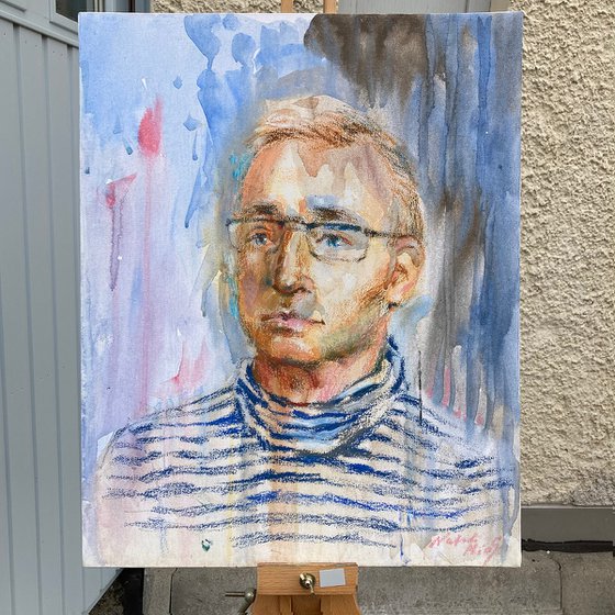 Man in a Striped Shirt — Mixed Media Portrait