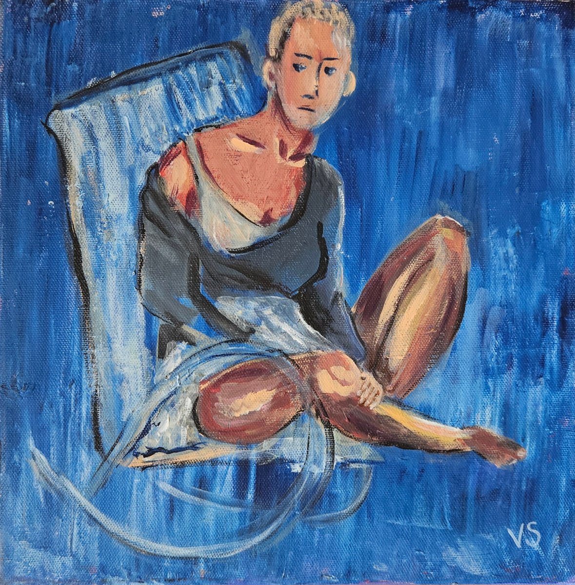 Expressive Portrait Acrylic Painting By Vera Stein, 12 X 12", Woman In A Chair, Original Artwork