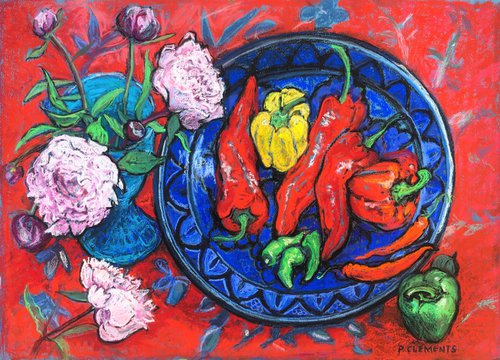Peonies and Peppers still life by Patricia Clements