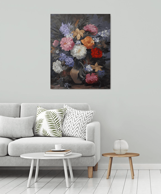 Still life flowers, 100x80cm, oil apinting, palette knife, large oil painting, floral art