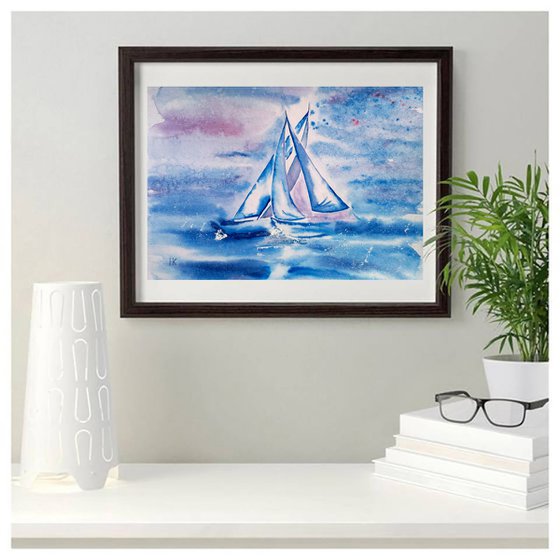 Sailboat Painting Original Art Sailing Vessel Watercolor Artwork Yacht Race Home Wall Art 17 by 12" by Halyna Kirichenko
