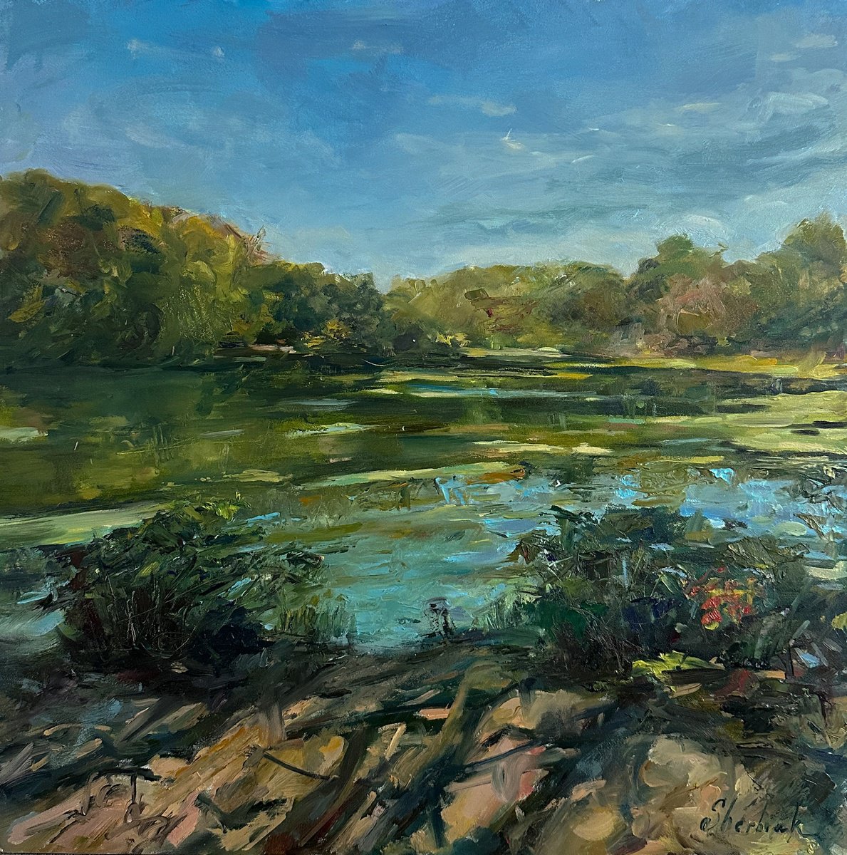 Impressionistic Landscape Oil Painting By Irina Sherbiak, 16 X 16, Fall In New York, Original Artwork