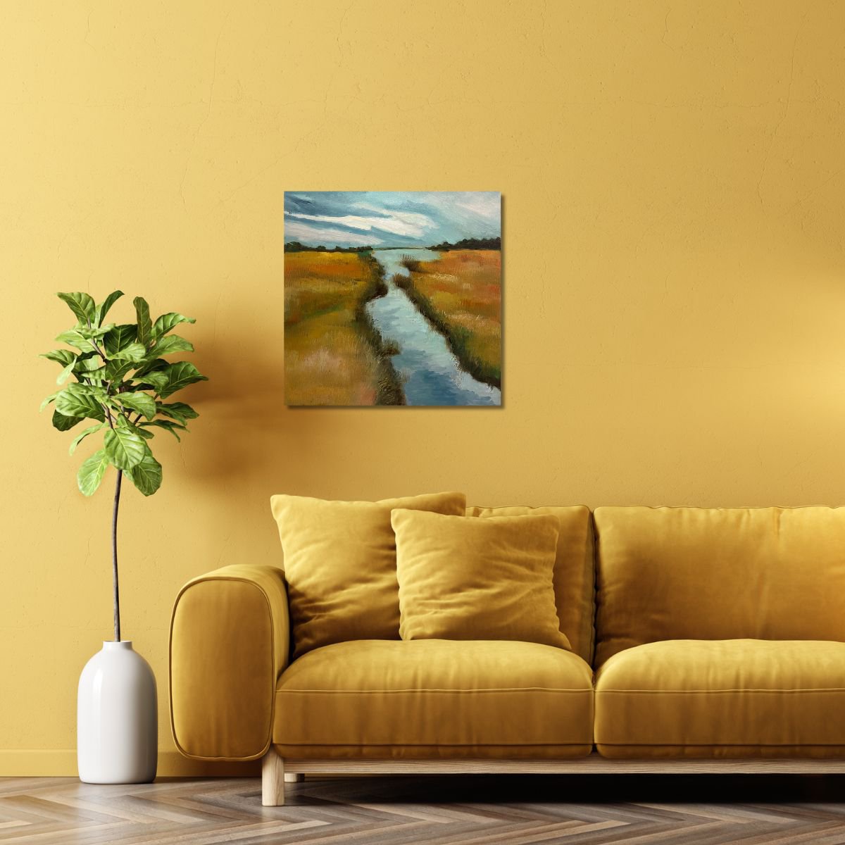 Impressionistic Landscape Oil Painting By Ulli Schmitt, 16 X 16", Reed In Summer, Original Artwork