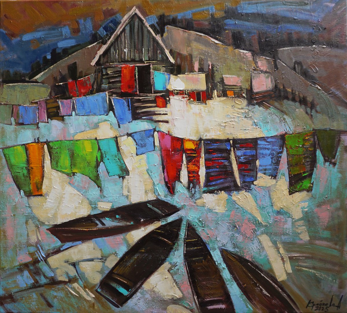 Impressionistic Landscape Oil Painting By Anastasiia Kraineva (Masniuk), 39 X 35, Turquoise Accent., Original Artwork