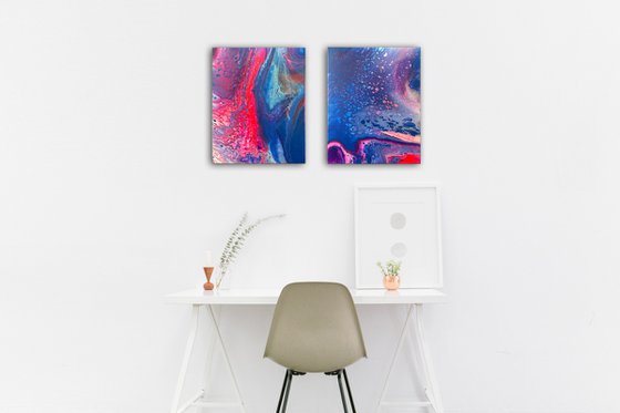 "Sharing A Dream" - FREE USA SHIPPING - Original PMS Abstract Diptych Fluid Acrylic Paintings On Canvas - 32" x 20"