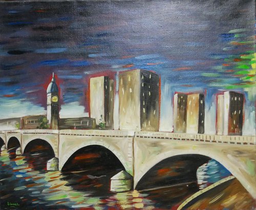 Oil painting on canvas, TOLBIAC BRIDGE in PARIS by NIGHT ( youth artwork ) by Lionel Le Jeune
