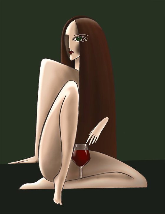 Woman and wine, stylish digital fashion illustration, brunette woman, glass of red wine
