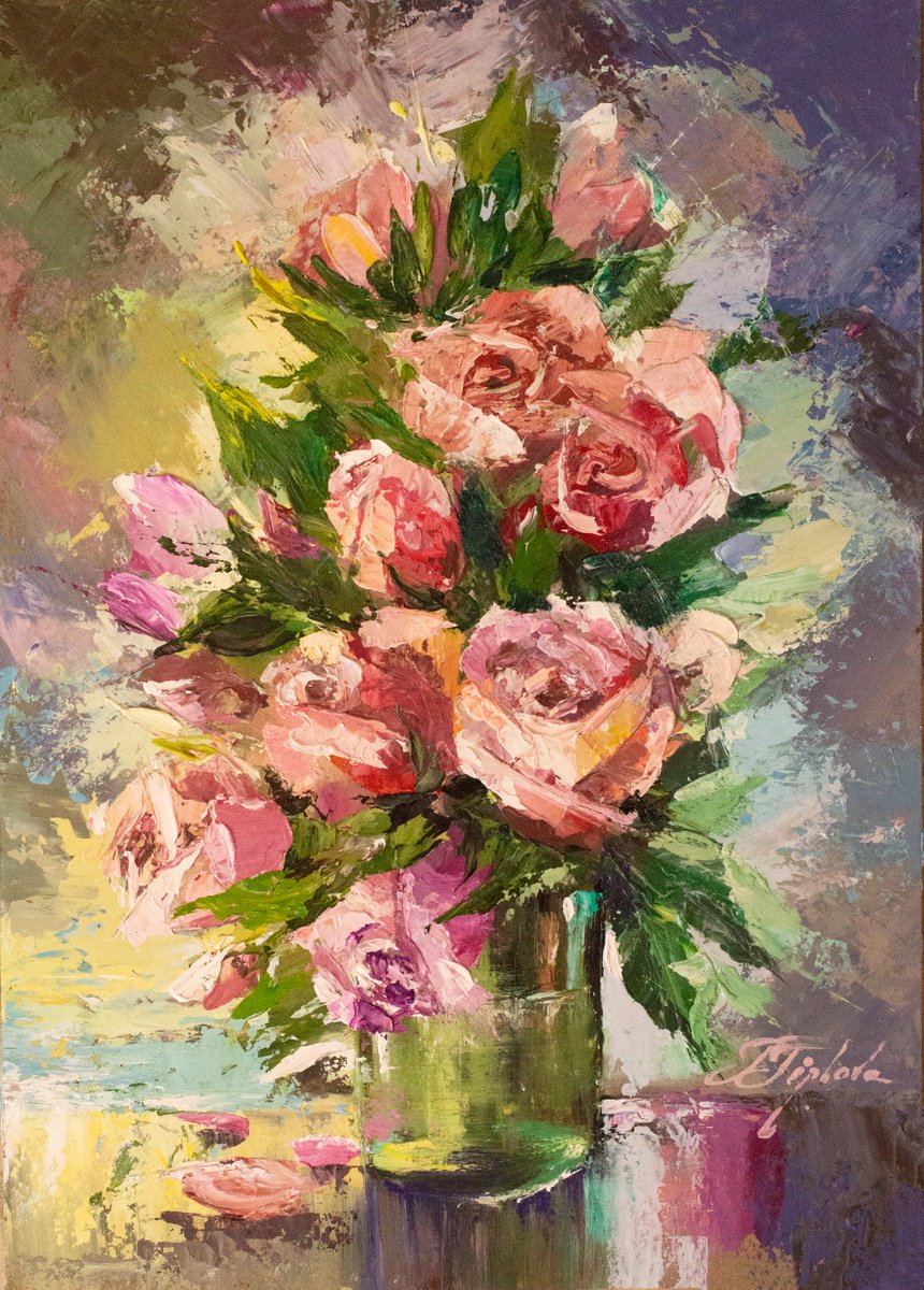 Impressionistic Botanical Oil Painting By Tetiana Tiplova, 10 X 14", Roses, Original Artwork