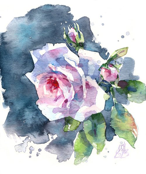 "Glow" - watercolor sketch of a light rose on a gray background by Ksenia Selianko