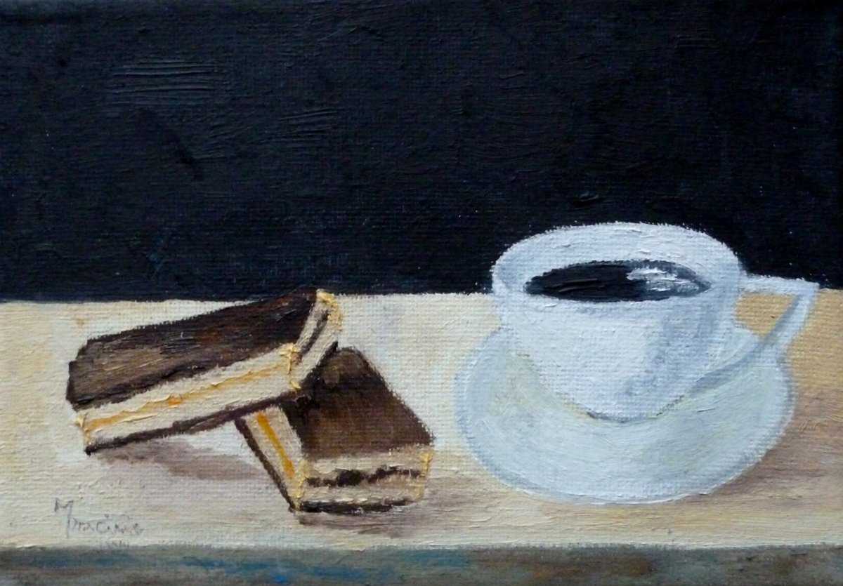 Impressionistic Still Life Oil Painting By Maddalena Pacini, 7 X 5", Trancetto And Coffee, Original Artwork