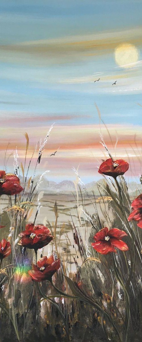 Red poppies under full moon by Marja Brown
