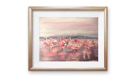 Flamingos At Dusk