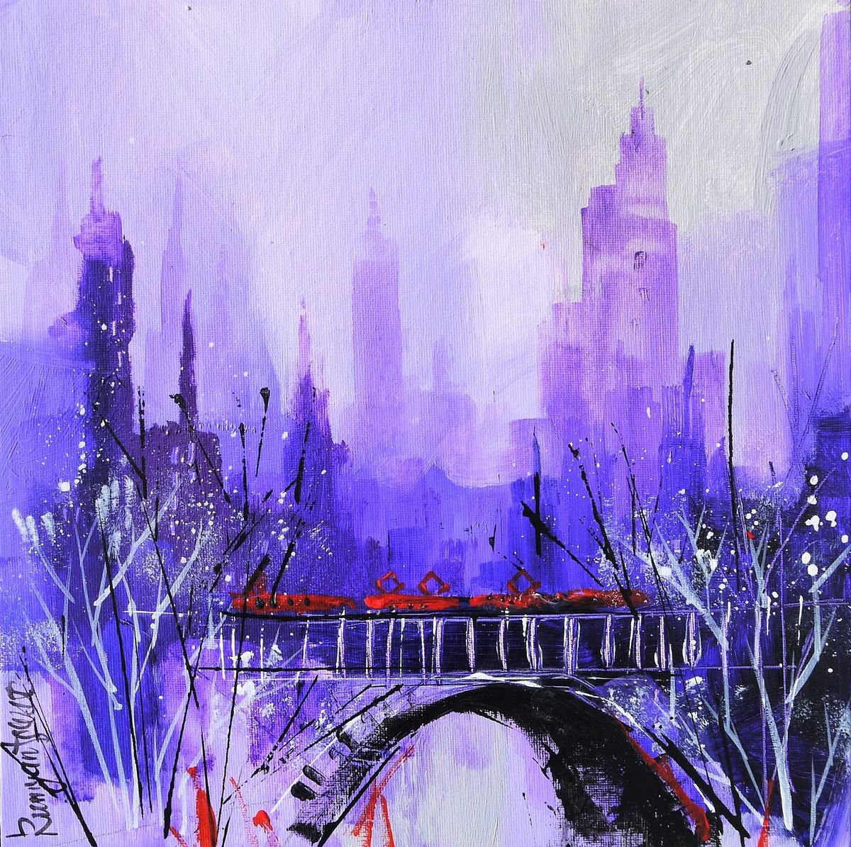 Impressionistic Cityscapes Acrylic Painting By Irina Rumyantseva, 12 X 12, New York Express 9, Original Artwork