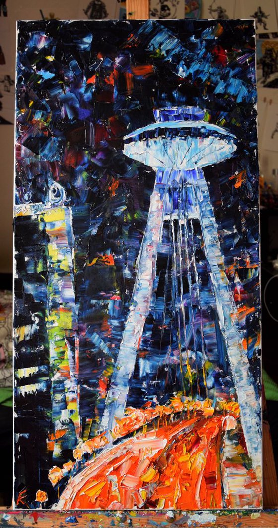 Impasto palette knife oil painting City lights of Bratislava, Bridge SNP, Slovakia