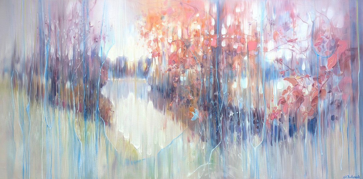 Expressive Landscape Oil Painting By Gill Bustamante, 48 X 24, The November Jewel, Original Artwork