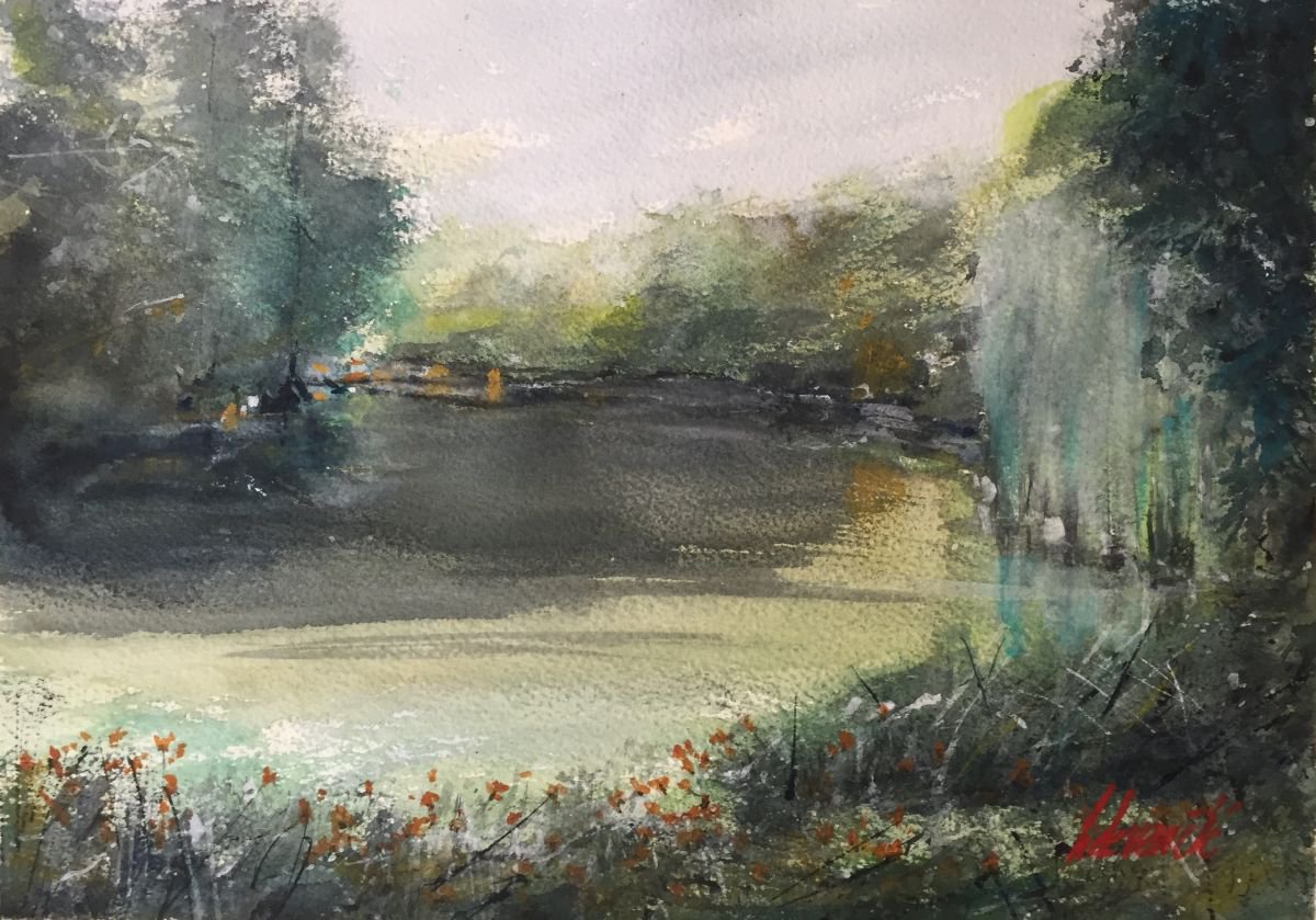 Impressionistic Landscape Watercolour By Tihomir Cirkvencic, 13 X 9", Summer Day On The Lake, Original Artwork