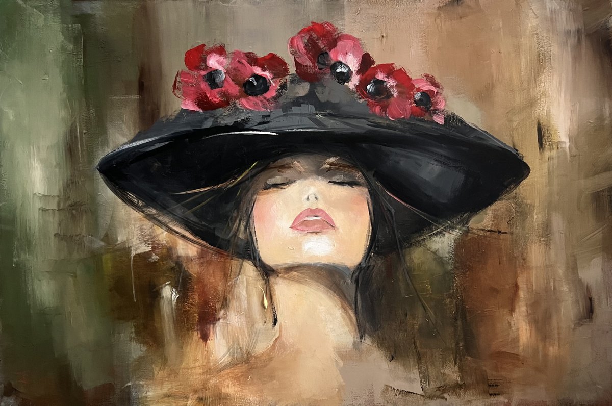 Expressive Portrait Acrylic Painting By Tamara Andjus, 47 X 31", La Femme Florale, Original Artwork
