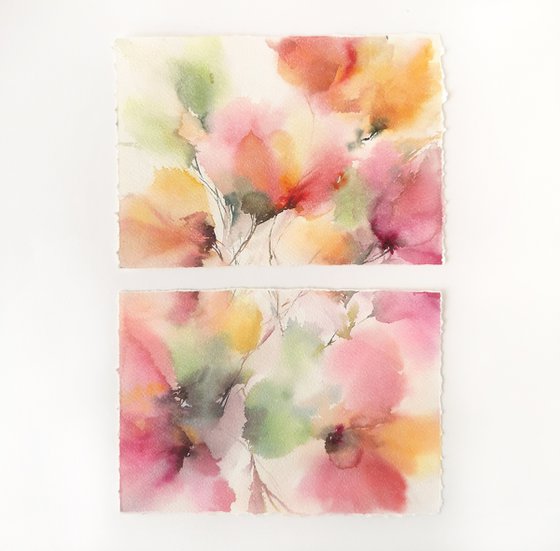 Abstract flowers. Watercolor floral set of 2 paintings