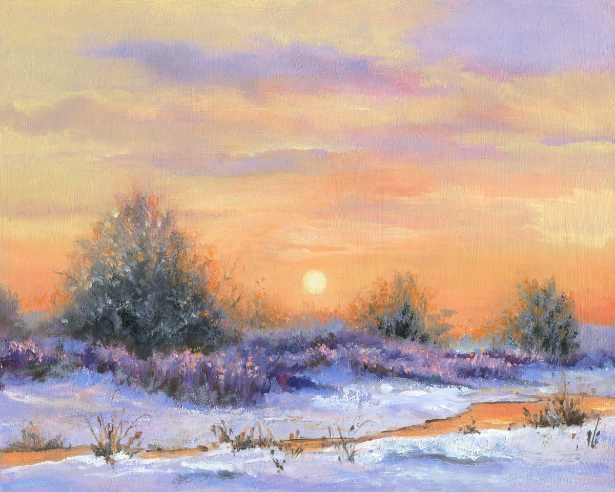 Photorealistic Oil Painting , Snowy River At Winter Dawn By Lucia Verdejo, 9 X 11, Artwork For Sale On Artfinder