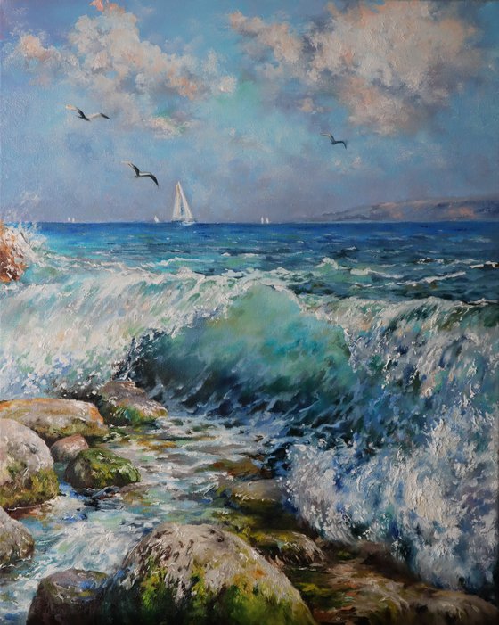 Sea waves break about stones, Marine landscape