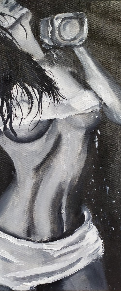 Girl, erotic nude oil painting, gift art, black and white painting by Nataliia Plakhotnyk