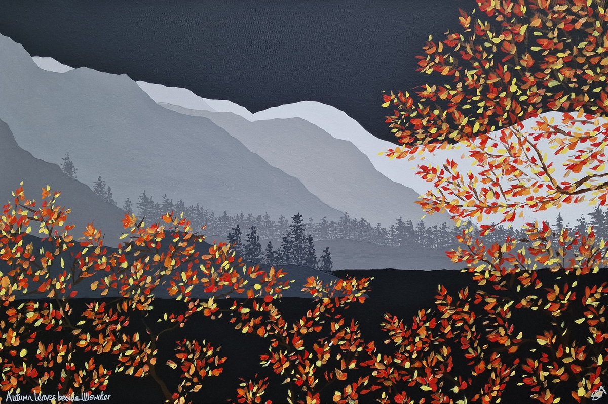 Organic Landscape Acrylic Painting By Sam Martin, 30 X 20", Autumn Leaves Beside Ullswater, Original Artwork