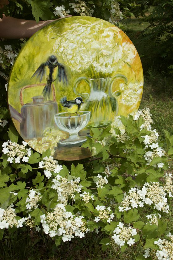 Birds and flowers - Garden guests - Round oil painting