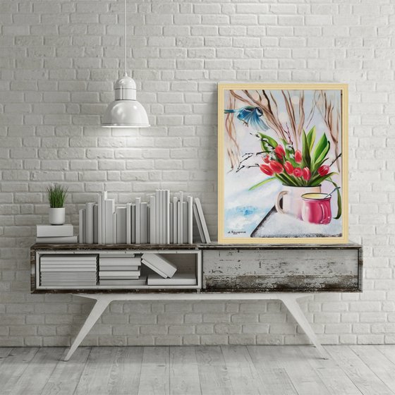 Tulips. Mothers Day Gift. Gift for Mom. Spring landscape. Wall Art. Spectacular Oil Painting on Canvas. Home Decor.
