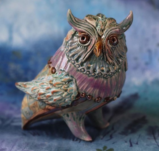 Tender Owl in Blue. Ceramic OOAK sculpture.