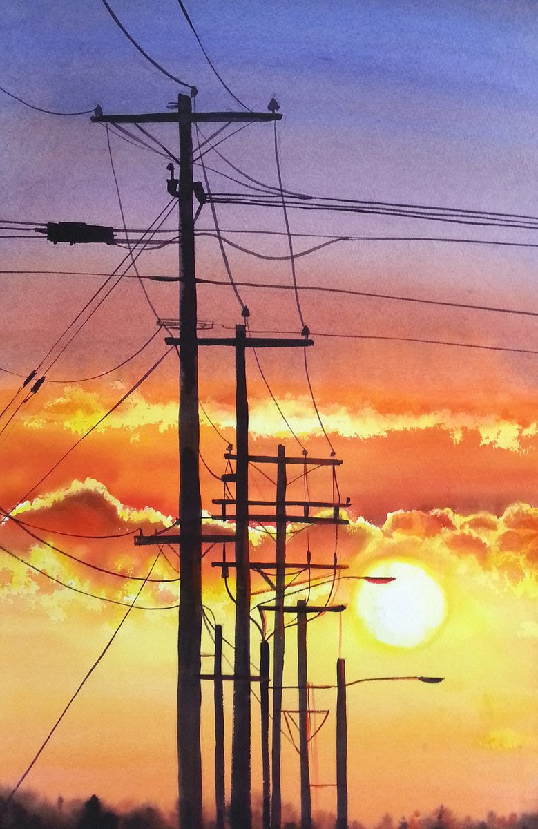 sunset powerline painting