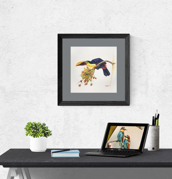 Toucan. Bright bird on tree painting. Watercolor bird.