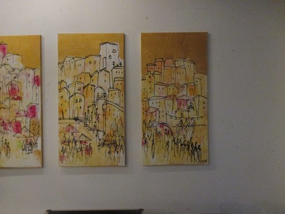 4 parts mediterrian citylife xl Oilpainting 39,4 x 78,7 inch