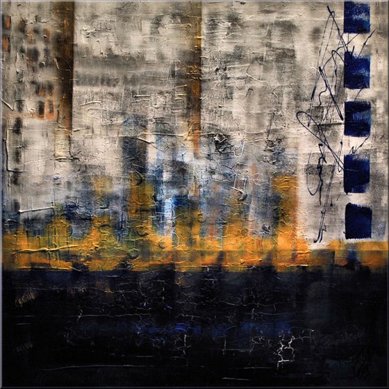 Golden Reflections  - abstract acrylic painting, canvas wall art, blue grey, framed modern art