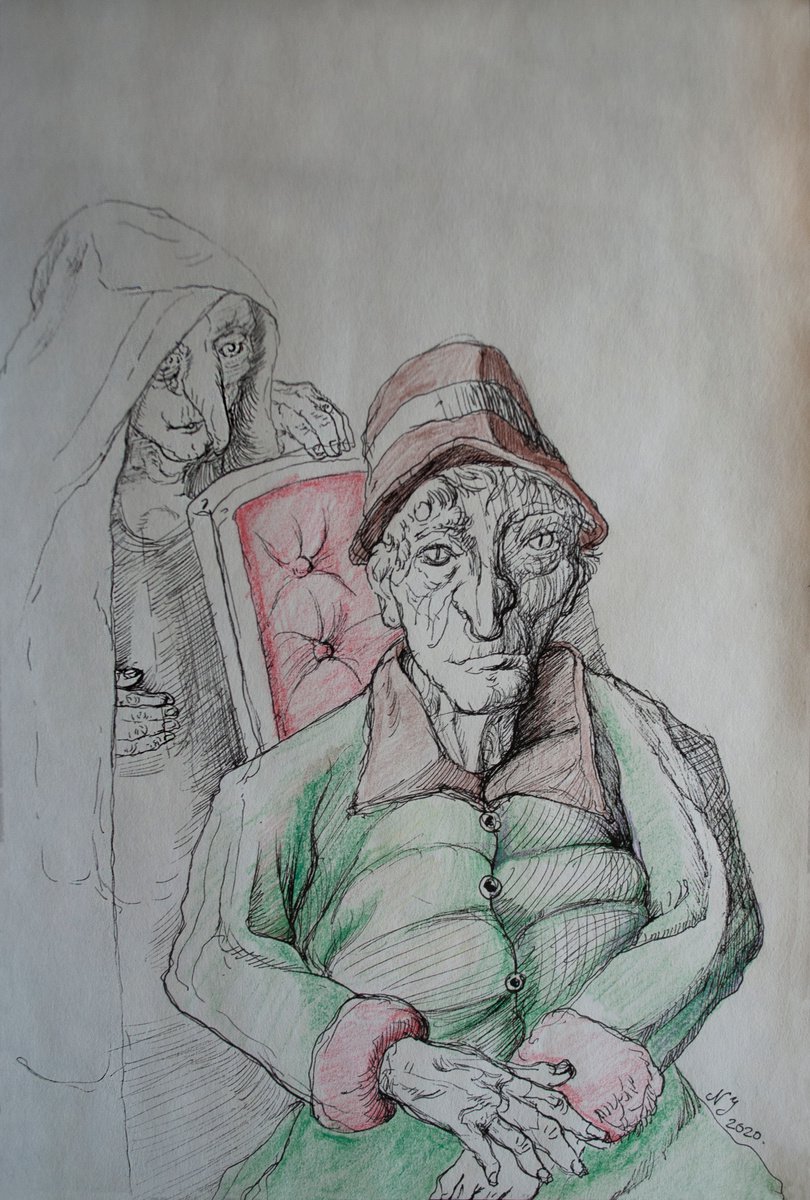 Illustrative Ink Drawing , The Old Man Aka Contemplation By Nikola Ivanovic, 8 X 12, Artwork For Sale On Artfinder
