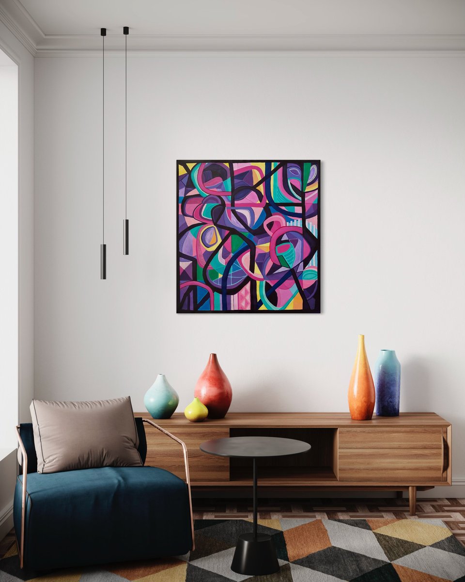 Geometric Abstract Acrylic Painting By Samantha Malone, 37 X 39", Looking For Direction, Original Artwork